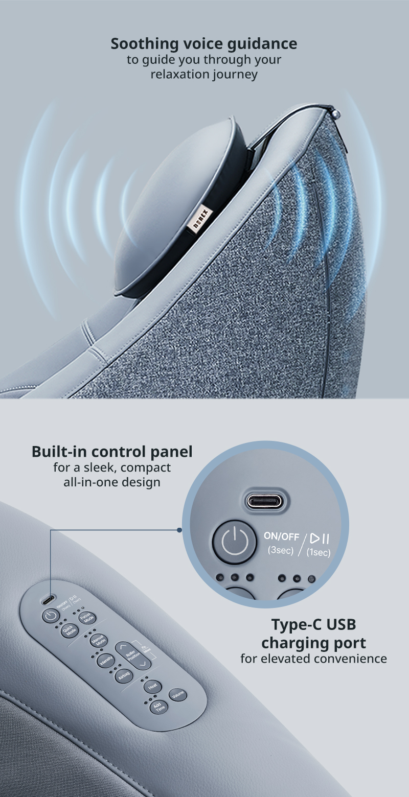 Coway Berex Pebble massage chair with soothing voice guidance, built-in control panel, and Type-C USB charging port